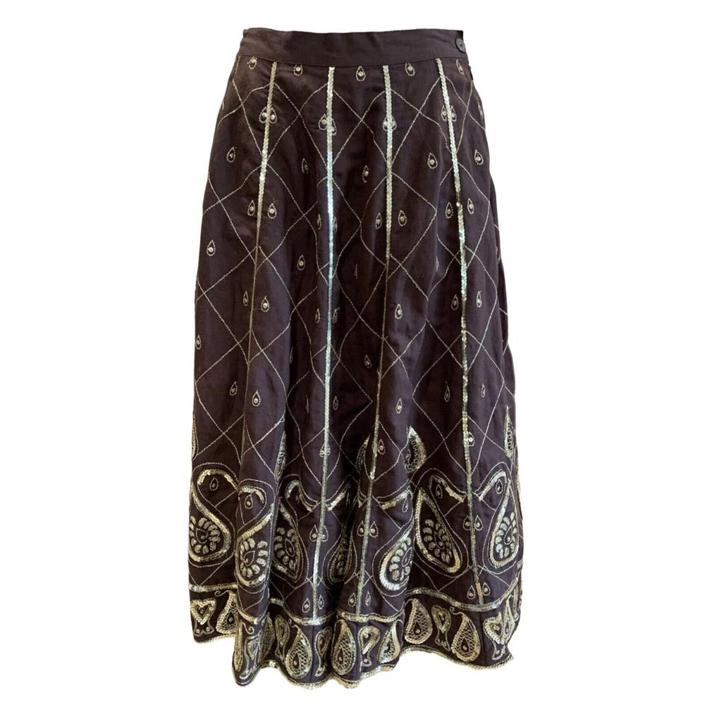 WD NY Skirt women 10 Brown Gold Sequin Linen Blend A-line Midi 100% Silk Paisley